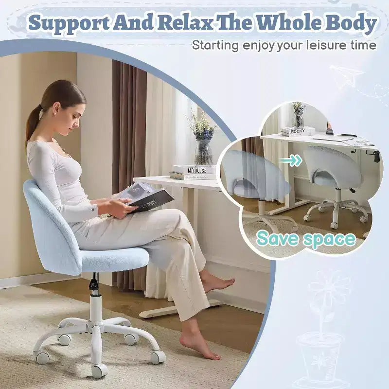 VINGLI Petite chaise de vanité pivotante à 360° avec roulettes pour filles, jolie chaise de bureau sans accoudoirs réglable en hauteur pour petits espaces, bleue
