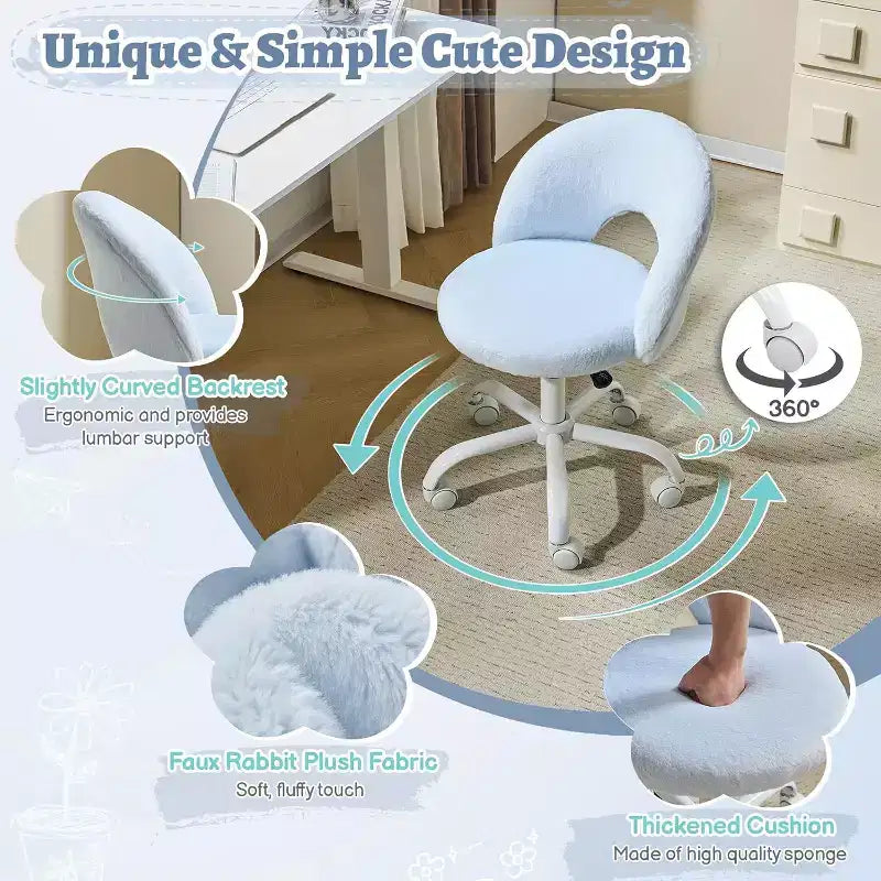 VINGLI Petite chaise de vanité pivotante à 360° avec roulettes pour filles, jolie chaise de bureau sans accoudoirs réglable en hauteur pour petits espaces, bleue