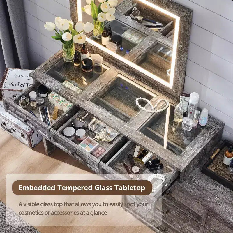 Mastgoal 69 W Grande coiffeuse avec plateau en verre, Table de maquillage style ferme avec 9 grands tiroirs de rangement, 3 couleurs disponibles et miroir HD LED 30