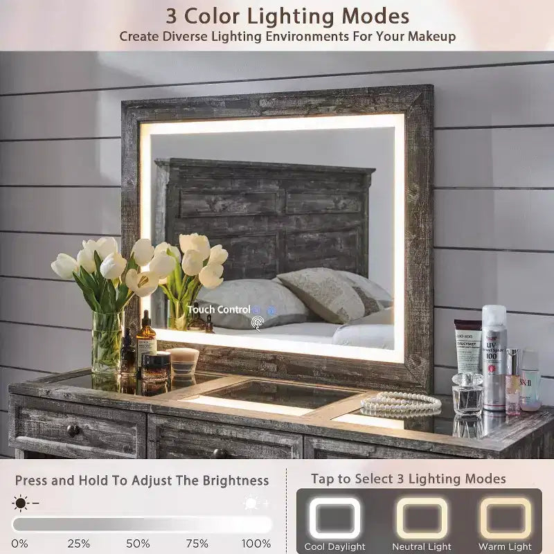 Mastgoal 69 W Grande coiffeuse avec plateau en verre, Table de maquillage style ferme avec 9 grands tiroirs de rangement, 3 couleurs disponibles et miroir HD LED 30
