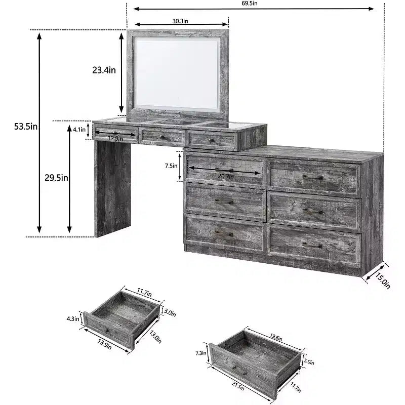 Mastgoal 69 W Grande coiffeuse avec plateau en verre, Table de maquillage style ferme avec 9 grands tiroirs de rangement, 3 couleurs disponibles et miroir HD LED 30