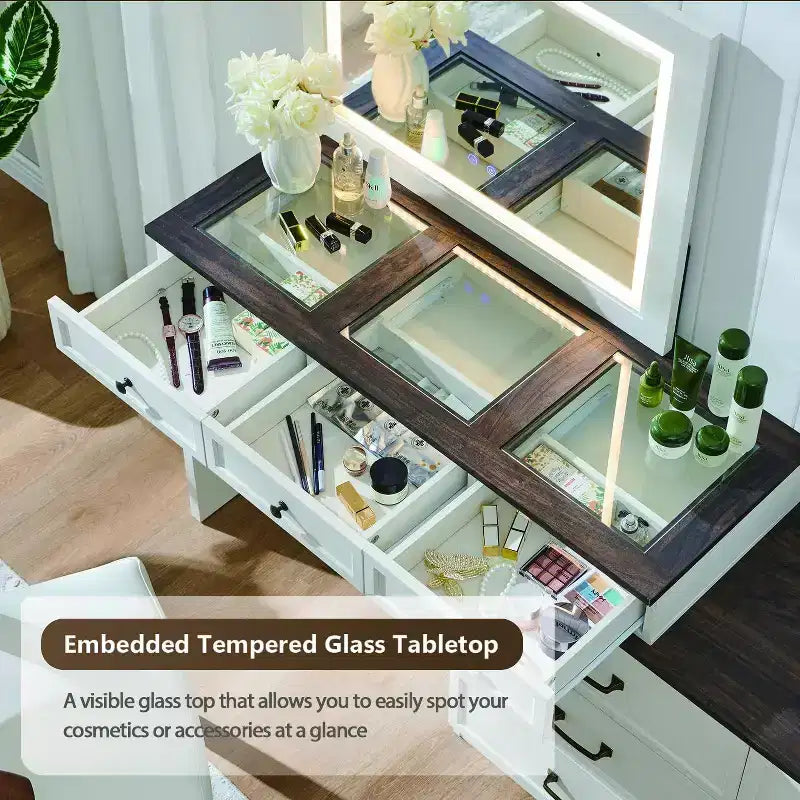 Mastgoal 69 W Grande coiffeuse avec plateau en verre, Table de maquillage style ferme avec 9 grands tiroirs de rangement, 3 couleurs disponibles et miroir HD LED 30