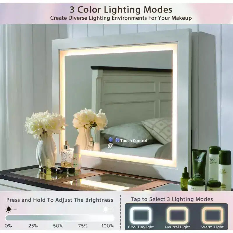 Mastgoal 69 W Grande coiffeuse avec plateau en verre, Table de maquillage style ferme avec 9 grands tiroirs de rangement, 3 couleurs disponibles et miroir HD LED 30