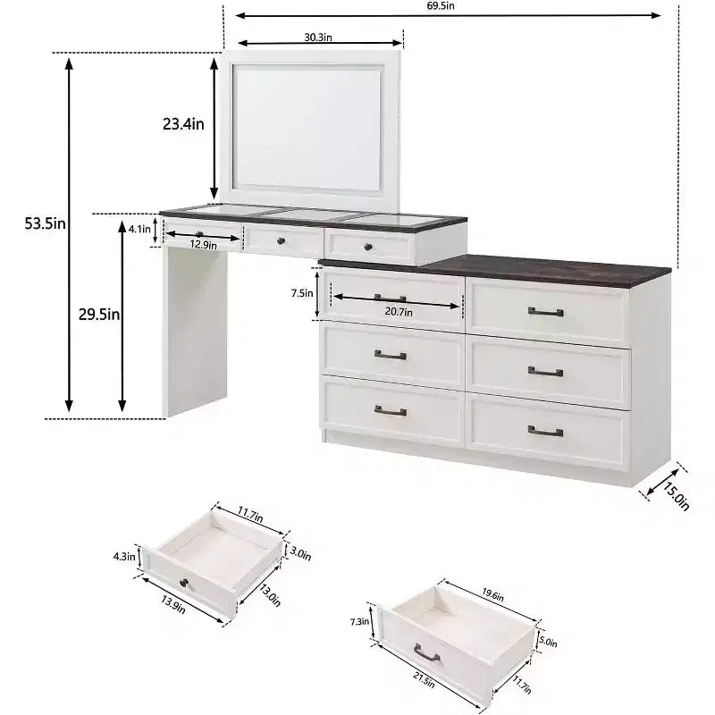 Mastgoal 69 W Grande coiffeuse avec plateau en verre, Table de maquillage style ferme avec 9 grands tiroirs de rangement, 3 couleurs disponibles et miroir HD LED 30