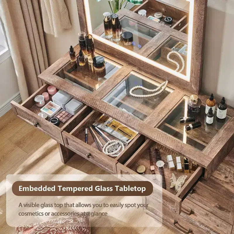 Mastgoal 69 W Grande coiffeuse avec plateau en verre, Table de maquillage style ferme avec 9 grands tiroirs de rangement, 3 couleurs disponibles et miroir HD LED 30