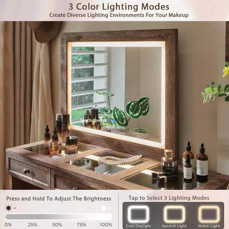 Mastgoal 69 W Grande coiffeuse avec plateau en verre, Table de maquillage style ferme avec 9 grands tiroirs de rangement, 3 couleurs disponibles et miroir HD LED 30