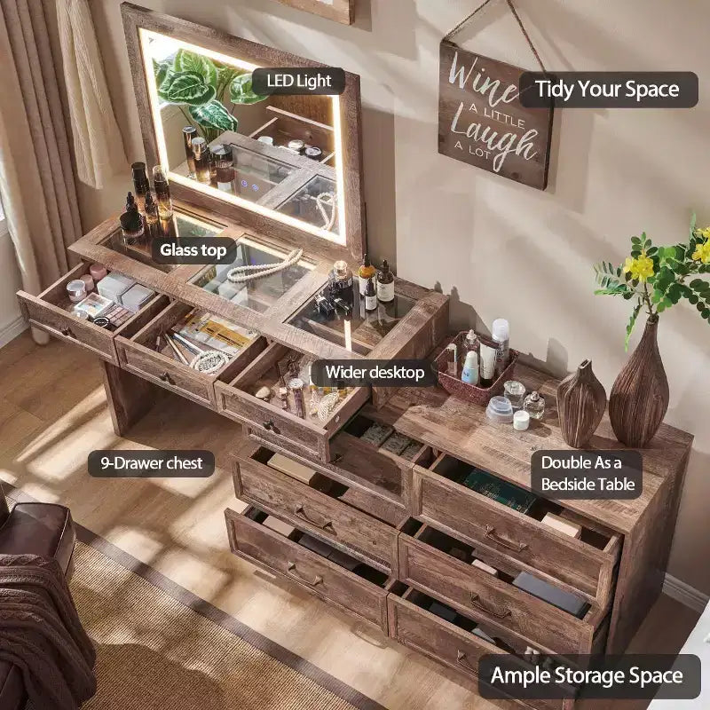 Mastgoal 69 W Grande coiffeuse avec plateau en verre, Table de maquillage style ferme avec 9 grands tiroirs de rangement, 3 couleurs disponibles et miroir HD LED 30