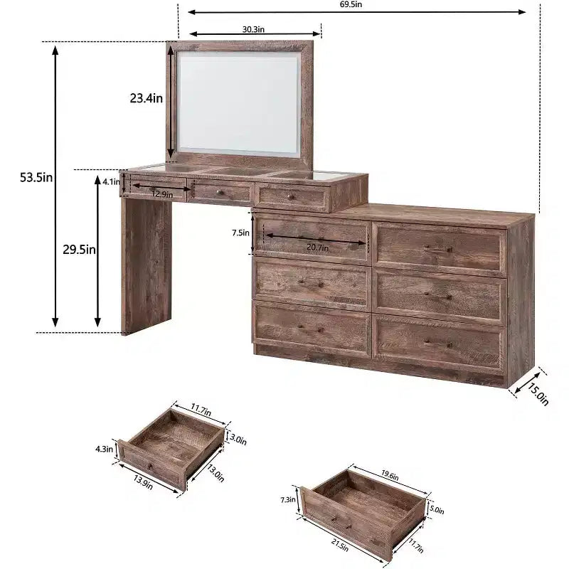 Mastgoal 69 W Grande coiffeuse avec plateau en verre, Table de maquillage style ferme avec 9 grands tiroirs de rangement, 3 couleurs disponibles et miroir HD LED 30