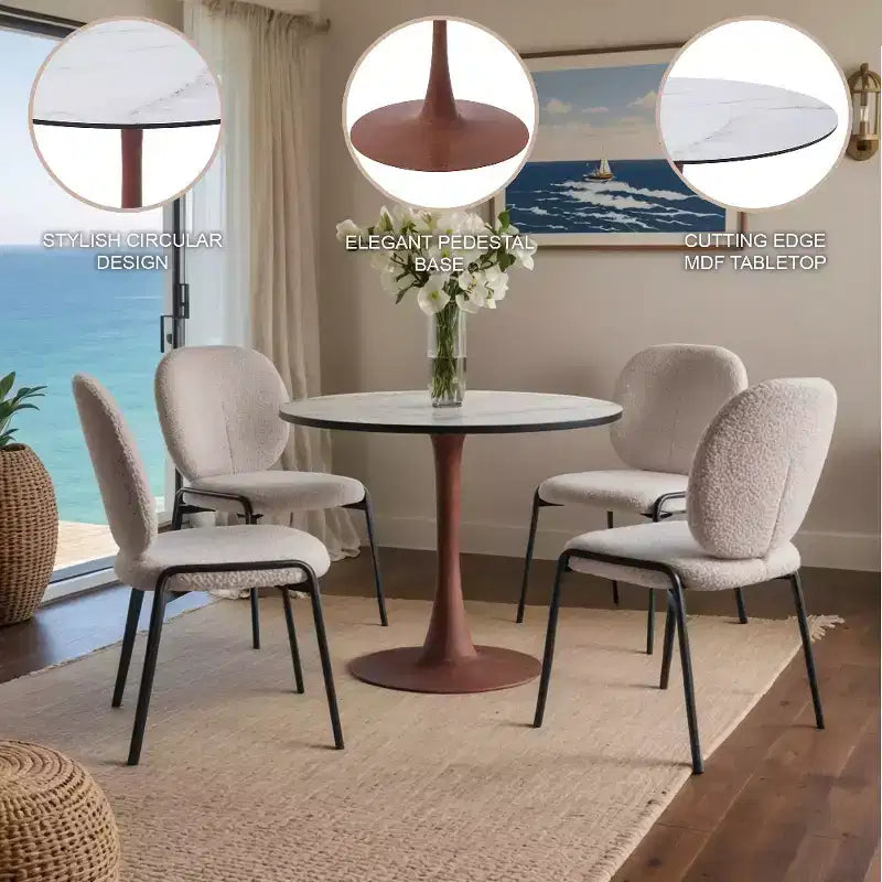 Table à manger ronde LeisureMod Bristol, plateau en MDF avec base de piédestal en acier et bois de cerisier, table d'appoint moderne pour la cuisine, la salle à manger et les petits espaces