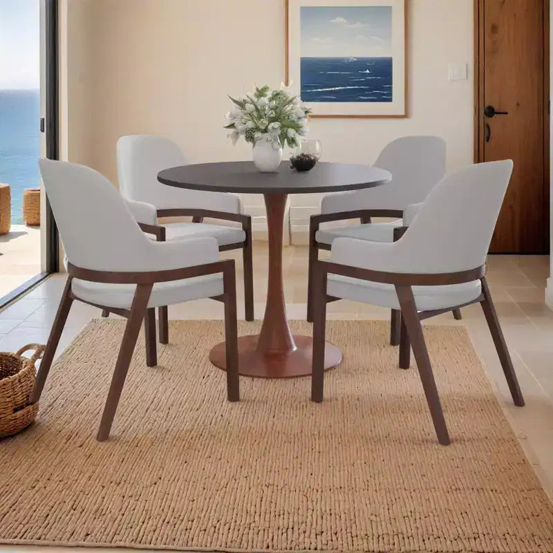 Table à manger ronde LeisureMod Bristol, plateau en MDF avec base de piédestal en acier et bois de cerisier, table d'appoint moderne pour la cuisine, la salle à manger et les petits espaces