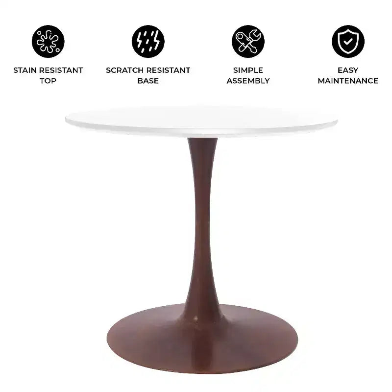 Table à manger ronde LeisureMod Bristol, plateau en MDF avec base de piédestal en acier et bois de cerisier, table d'appoint moderne pour la cuisine, la salle à manger et les petits espaces