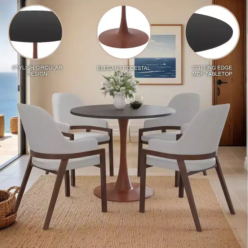 Table à manger ronde LeisureMod Bristol, plateau en MDF avec base de piédestal en acier et bois de cerisier, table d'appoint moderne pour la cuisine, la salle à manger et les petits espaces