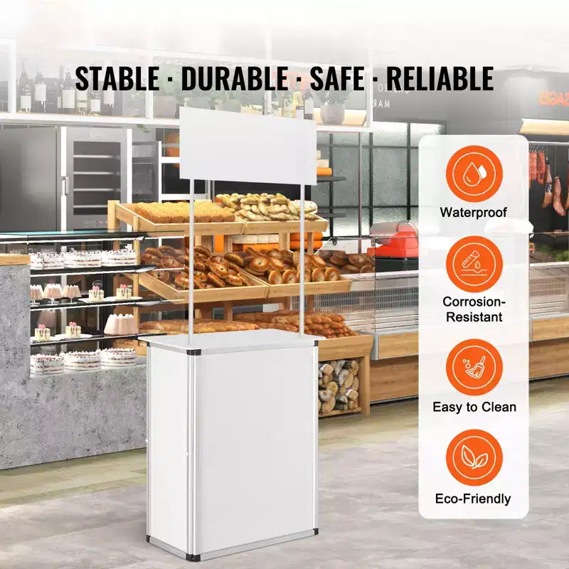 Table de comptoir de promotion VEVOR, Table de podium d'exposition portable, 30,91 x 14,96 x 71,46, Stand de comptoir d'exposition avec mur, Blanc