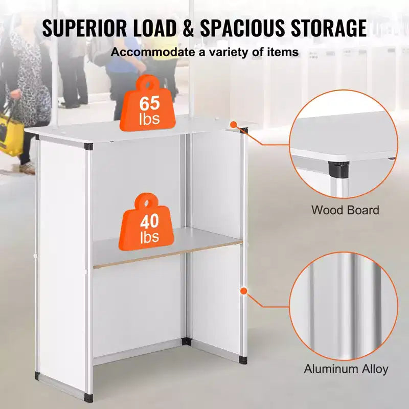 Table de comptoir de promotion VEVOR, Table de podium d'exposition portable, 30,91 x 14,96 x 71,46, Stand de comptoir d'exposition avec mur, Blanc