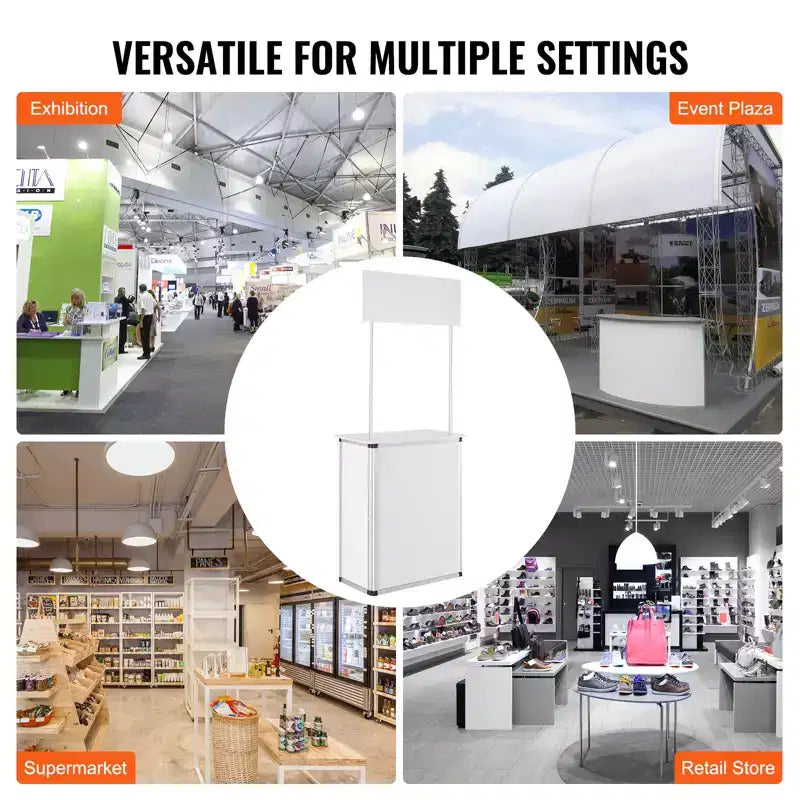 Table de comptoir de promotion VEVOR, Table de podium d'exposition portable, 30,91 x 14,96 x 71,46, Stand de comptoir d'exposition avec mur, Blanc