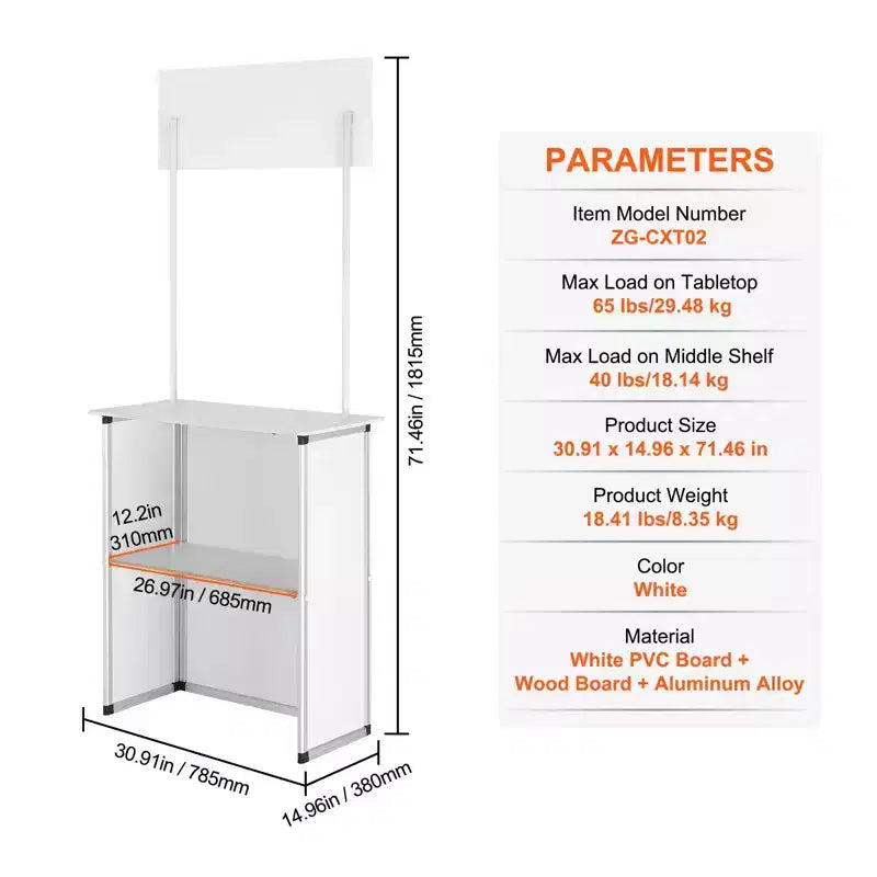 Table de comptoir de promotion VEVOR, Table de podium d'exposition portable, 30,91 x 14,96 x 71,46, Stand de comptoir d'exposition avec mur, Blanc