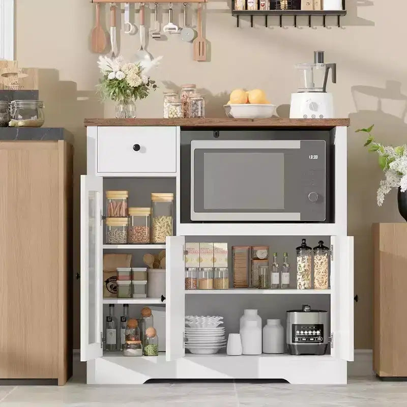 Meuble micro-ondes de cuisine DobleePy avec 3 portes, 1 tiroir et étagères réglables, buffet de rangement pour cuisine, salle à manger et salon