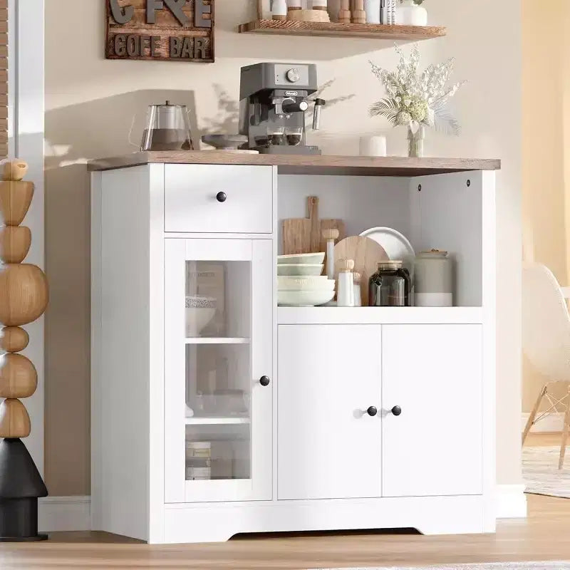Meuble micro-ondes de cuisine DobleePy avec 3 portes, 1 tiroir et étagères réglables, buffet de rangement pour cuisine, salle à manger et salon