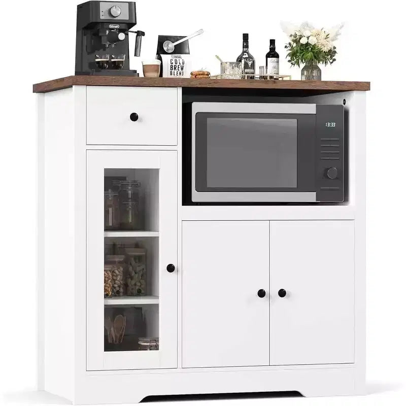Meuble micro-ondes de cuisine DobleePy avec 3 portes, 1 tiroir et étagères réglables, buffet de rangement pour cuisine, salle à manger et salon