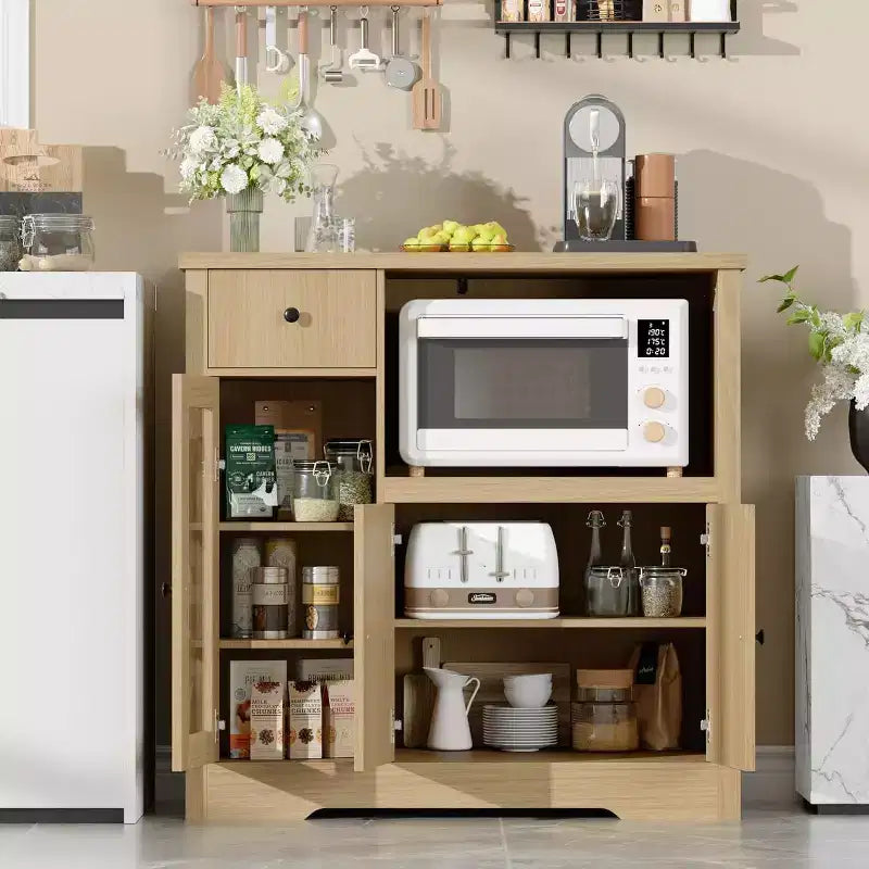 Meuble micro-ondes de cuisine DobleePy avec 3 portes, 1 tiroir et étagères réglables, buffet de rangement pour cuisine, salle à manger et salon