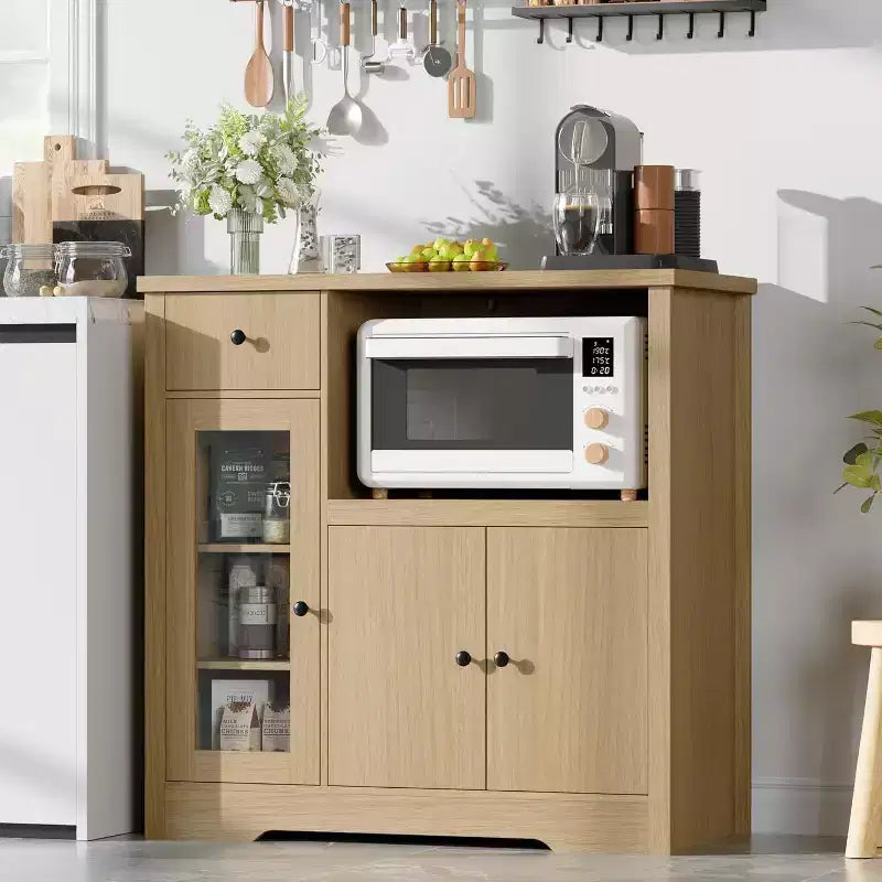 Meuble micro-ondes de cuisine DobleePy avec 3 portes, 1 tiroir et étagères réglables, buffet de rangement pour cuisine, salle à manger et salon