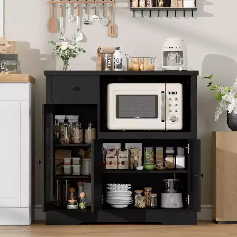 Meuble micro-ondes de cuisine DobleePy avec 3 portes, 1 tiroir et étagères réglables, buffet de rangement pour cuisine, salle à manger et salon