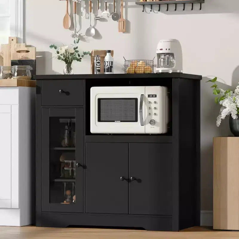 Meuble micro-ondes de cuisine DobleePy avec 3 portes, 1 tiroir et étagères réglables, buffet de rangement pour cuisine, salle à manger et salon