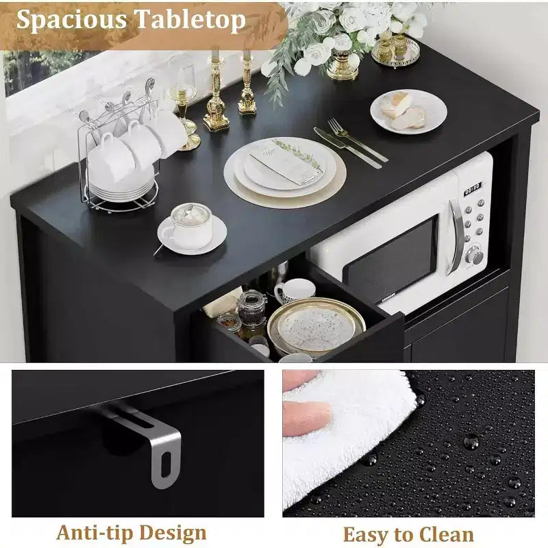 Meuble micro-ondes de cuisine DobleePy avec 3 portes, 1 tiroir et étagères réglables, buffet de rangement pour cuisine, salle à manger et salon