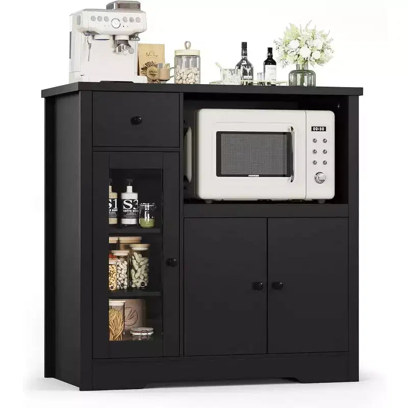 Meuble micro-ondes de cuisine DobleePy avec 3 portes, 1 tiroir et étagères réglables, buffet de rangement pour cuisine, salle à manger et salon