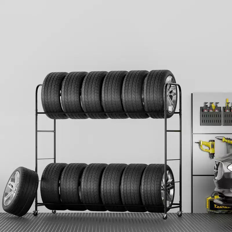 Support de Rangement pour Pneus VEVOR sur Roulettes, Support de Pneus à 2 Niveaux et Remorque de Transport pour Garage, Chariot de Rangement pour Pneus en Acier Robuste avec Roues, Noir