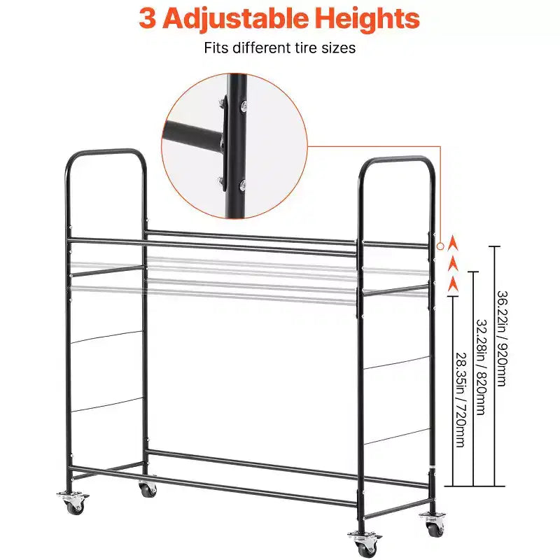 Support de Rangement pour Pneus VEVOR sur Roulettes, Support de Pneus à 2 Niveaux et Remorque de Transport pour Garage, Chariot de Rangement pour Pneus en Acier Robuste avec Roues, Noir