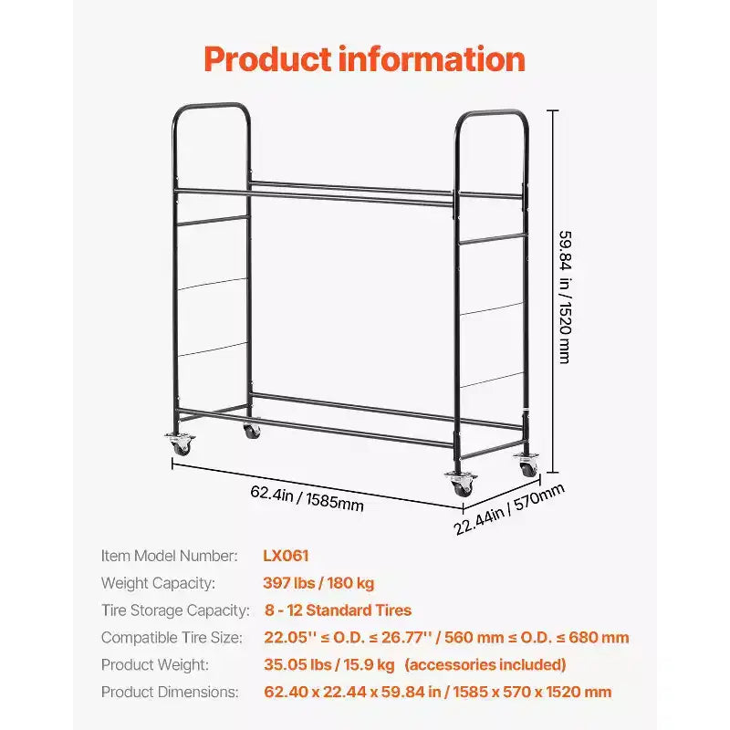 Support de Rangement pour Pneus VEVOR sur Roulettes, Support de Pneus à 2 Niveaux et Remorque de Transport pour Garage, Chariot de Rangement pour Pneus en Acier Robuste avec Roues, Noir