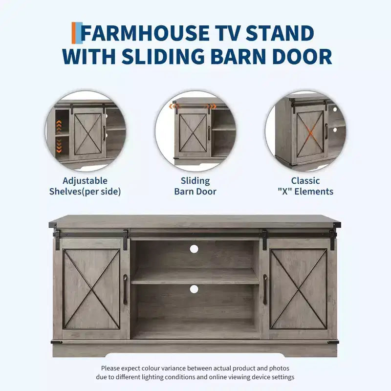 Meuble TV de ferme GustoWave pour téléviseurs jusqu'à 65 pouces, centre de divertissement avec portes coulissantes de grange et étagère réglable pour salon