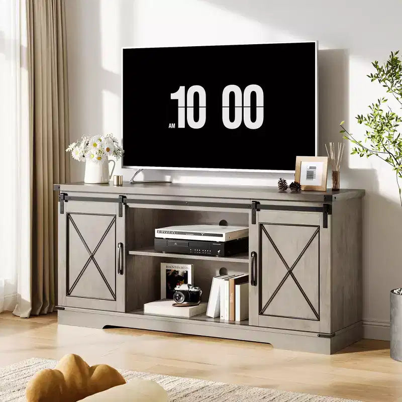 Meuble TV de ferme GustoWave pour téléviseurs jusqu'à 65 pouces, centre de divertissement avec portes coulissantes de grange et étagère réglable pour salon