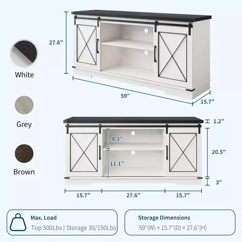 Meuble TV de ferme GustoWave pour téléviseurs jusqu'à 65 pouces, centre de divertissement avec portes coulissantes de grange et étagère réglable pour salon