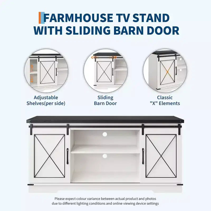 Meuble TV de ferme GustoWave pour téléviseurs jusqu'à 65 pouces, centre de divertissement avec portes coulissantes de grange et étagère réglable pour salon