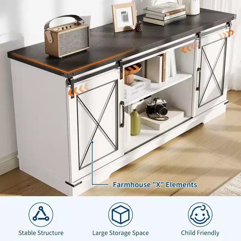 Meuble TV de ferme GustoWave pour téléviseurs jusqu'à 65 pouces, centre de divertissement avec portes coulissantes de grange et étagère réglable pour salon
