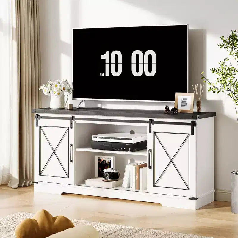 Meuble TV de ferme GustoWave pour téléviseurs jusqu'à 65 pouces, centre de divertissement avec portes coulissantes de grange et étagère réglable pour salon