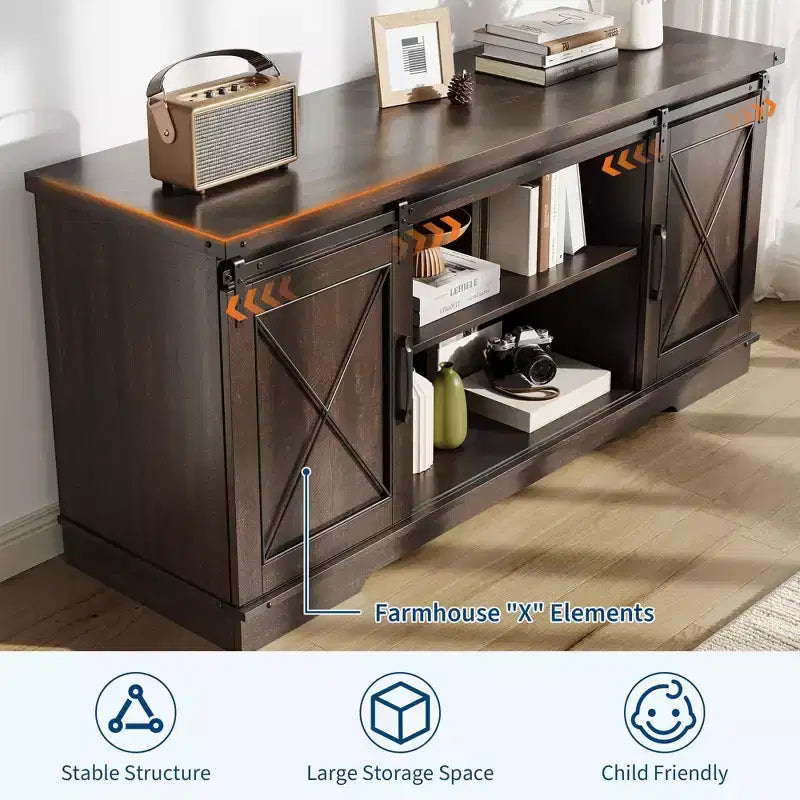 Meuble TV de ferme GustoWave pour téléviseurs jusqu'à 65 pouces, centre de divertissement avec portes coulissantes de grange et étagère réglable pour salon