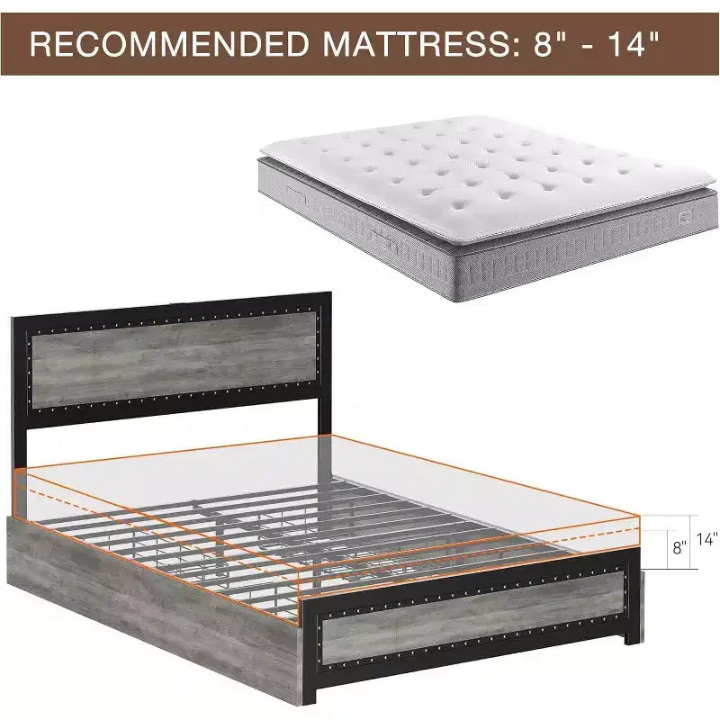 Cadre de lit CuisinSmart avec quatre tiroirs de rangement, lit plateforme avec tête de lit et décorations rivetées, cadre à lattes en métal