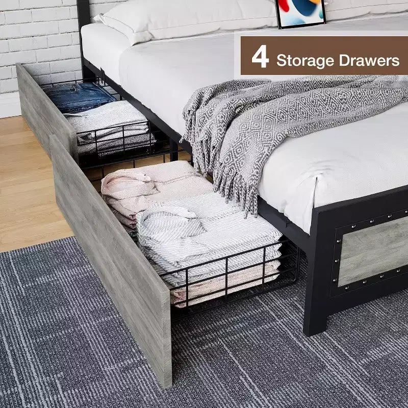 Cadre de lit CuisinSmart avec quatre tiroirs de rangement, lit plateforme avec tête de lit et décorations rivetées, cadre à lattes en métal