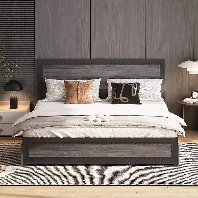 Cadre de lit CuisinSmart avec quatre tiroirs de rangement, lit plateforme avec tête de lit et décorations rivetées, cadre à lattes en métal