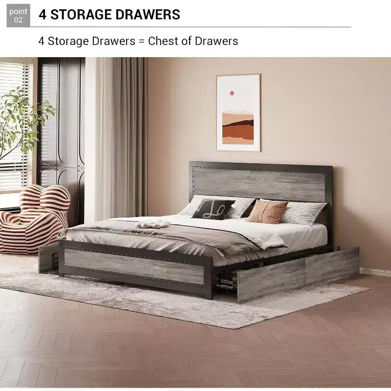 Cadre de lit CuisinSmart avec quatre tiroirs de rangement, lit plateforme avec tête de lit et décorations rivetées, cadre à lattes en métal