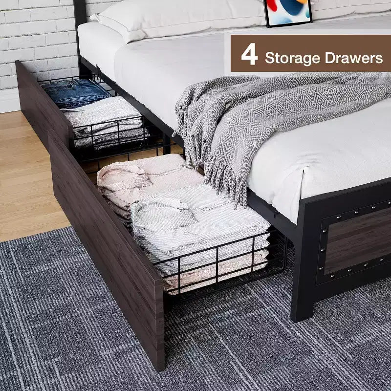 Cadre de lit CuisinSmart avec quatre tiroirs de rangement, lit plateforme avec tête de lit et décorations rivetées, cadre à lattes en métal