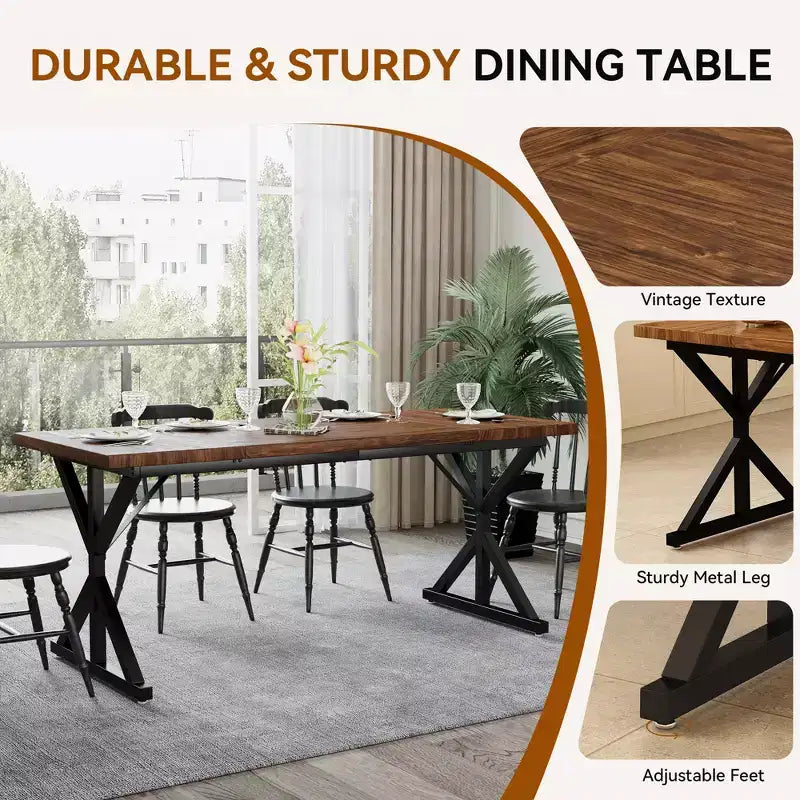 Dyonery Table de Salle à Manger de Ferme pour 6 Personnes, Table à Manger Rectangulaire en Bois de 180 cm avec Pieds en Métal Très Robustes