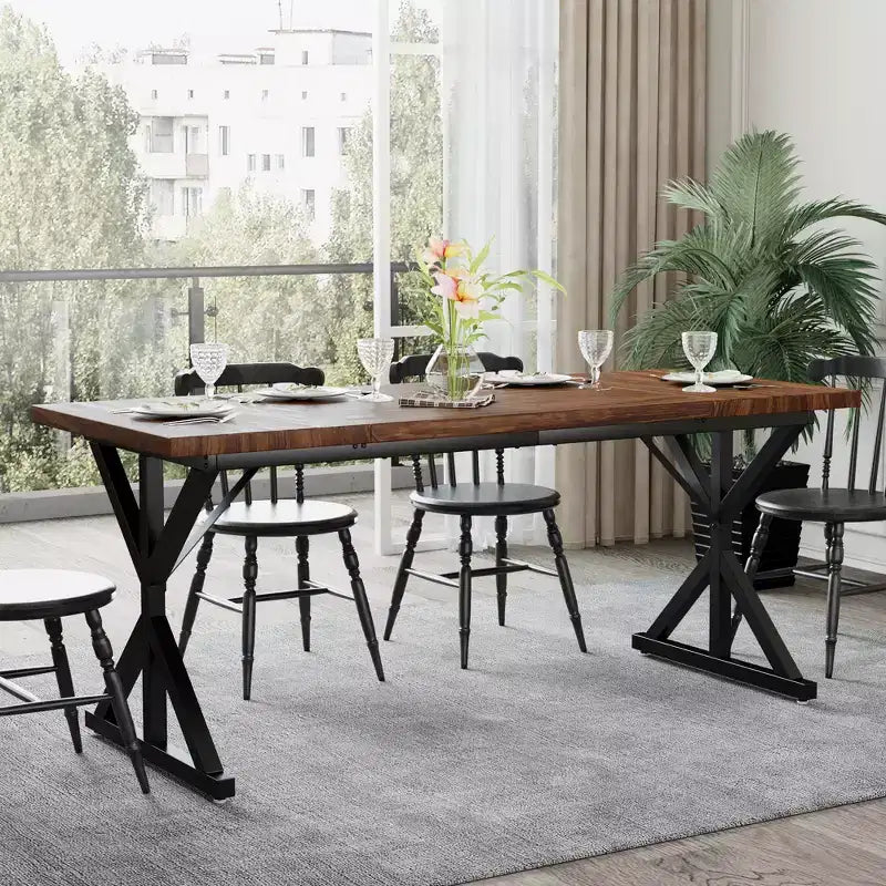 Dyonery Table de Salle à Manger de Ferme pour 6 Personnes, Table à Manger Rectangulaire en Bois de 180 cm avec Pieds en Métal Très Robustes