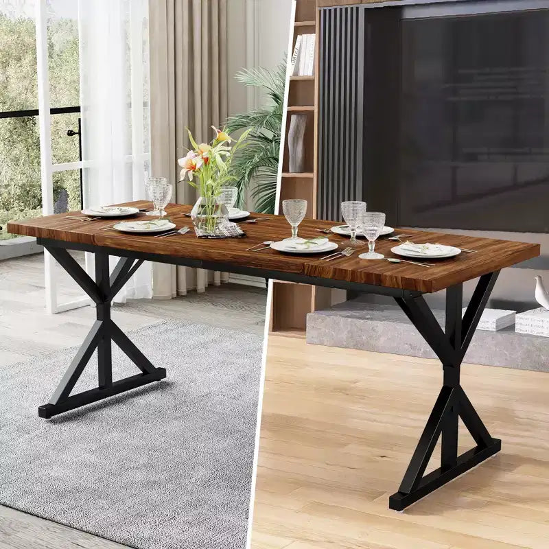 Dyonery Table de Salle à Manger de Ferme pour 6 Personnes, Table à Manger Rectangulaire en Bois de 180 cm avec Pieds en Métal Très Robustes