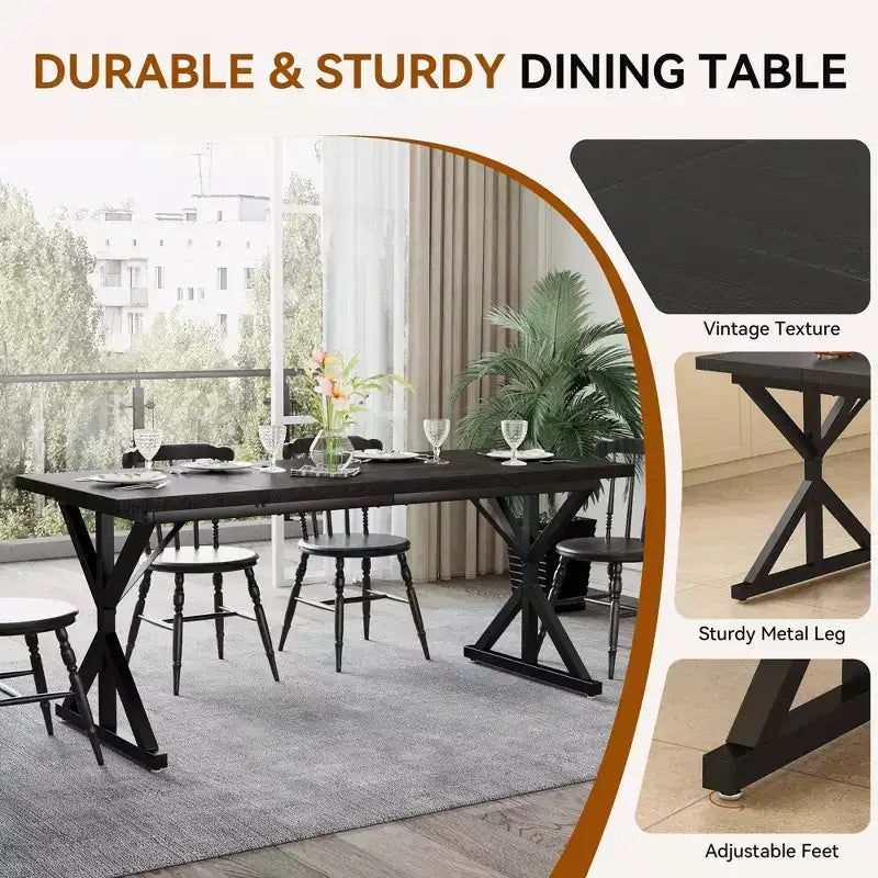 Dyonery Table de Salle à Manger de Ferme pour 6 Personnes, Table à Manger Rectangulaire en Bois de 180 cm avec Pieds en Métal Très Robustes