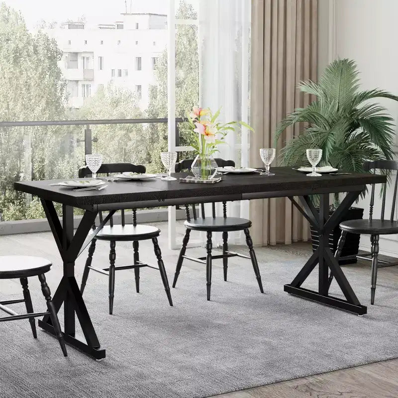 Dyonery Table de Salle à Manger de Ferme pour 6 Personnes, Table à Manger Rectangulaire en Bois de 180 cm avec Pieds en Métal Très Robustes