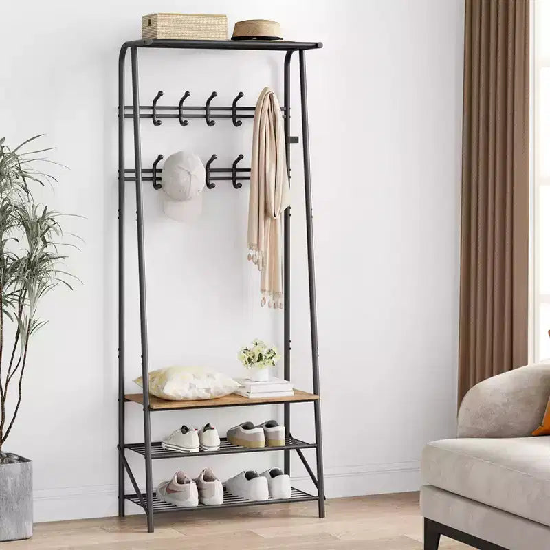 Appendiabiti, albero da ingresso 4 in 1, panca portascarpe con struttura in metallo, scaffale a 3 ripiani e 10 ganci per ingresso, corridoio, camera da letto